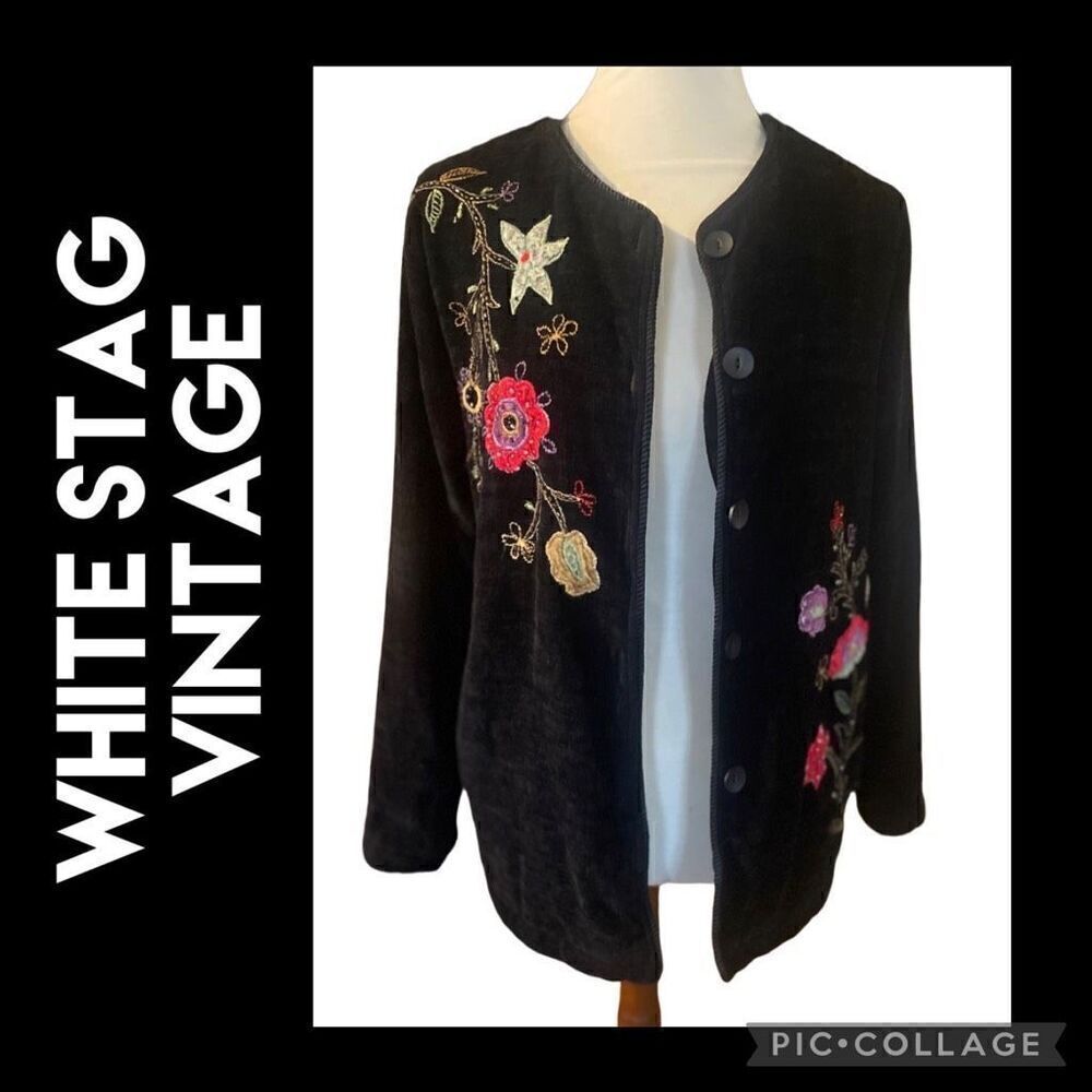 White Stag Vintage Embroidered Chenelle Long Sleeve Black Button Down Shacket Si